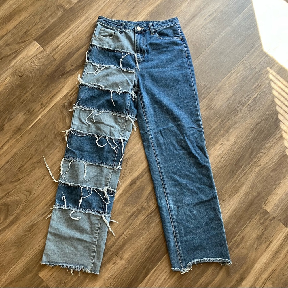 NEW RARE DISTRESSED PATCH COLORBLOCK JEANS - Picture 1 of 15